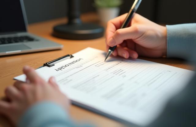 Person filling out application form on a desk